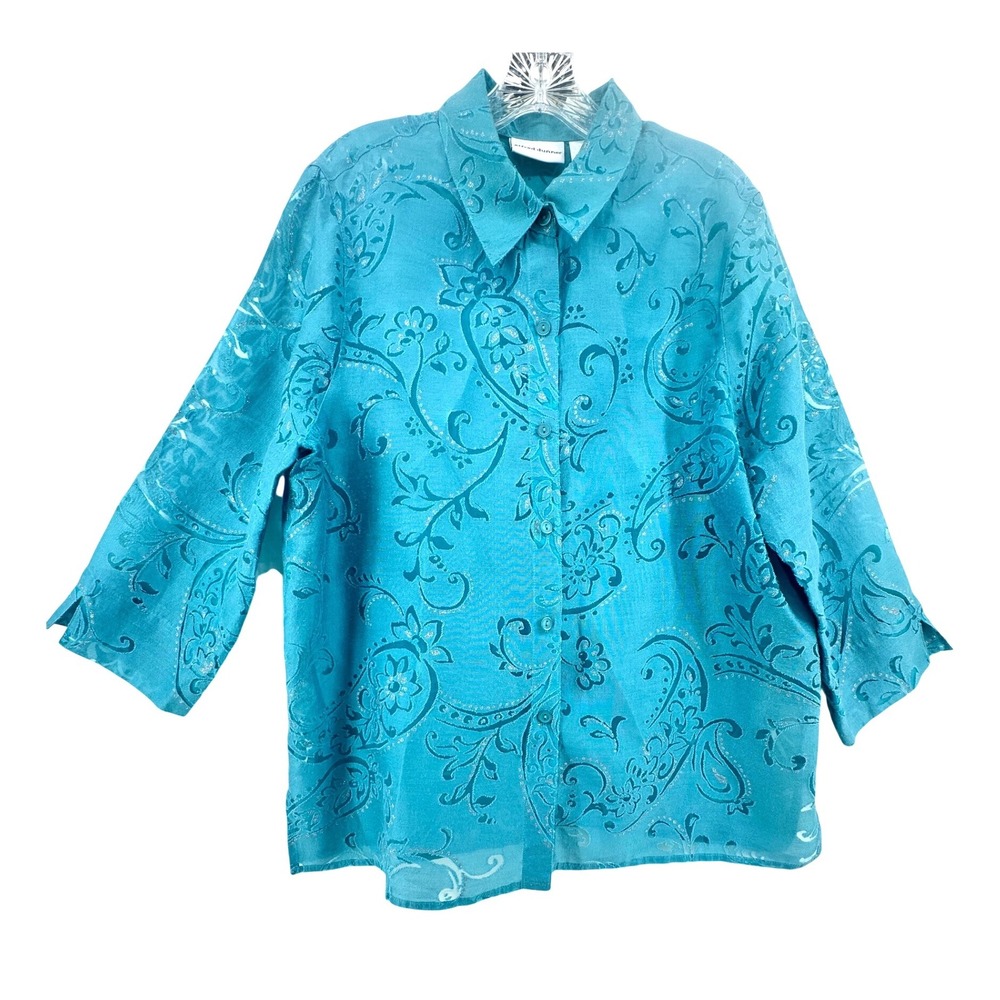 Alfred Dunner Turquoise Paisley Burnout Button Down Shirt Silver Glitter Size 16